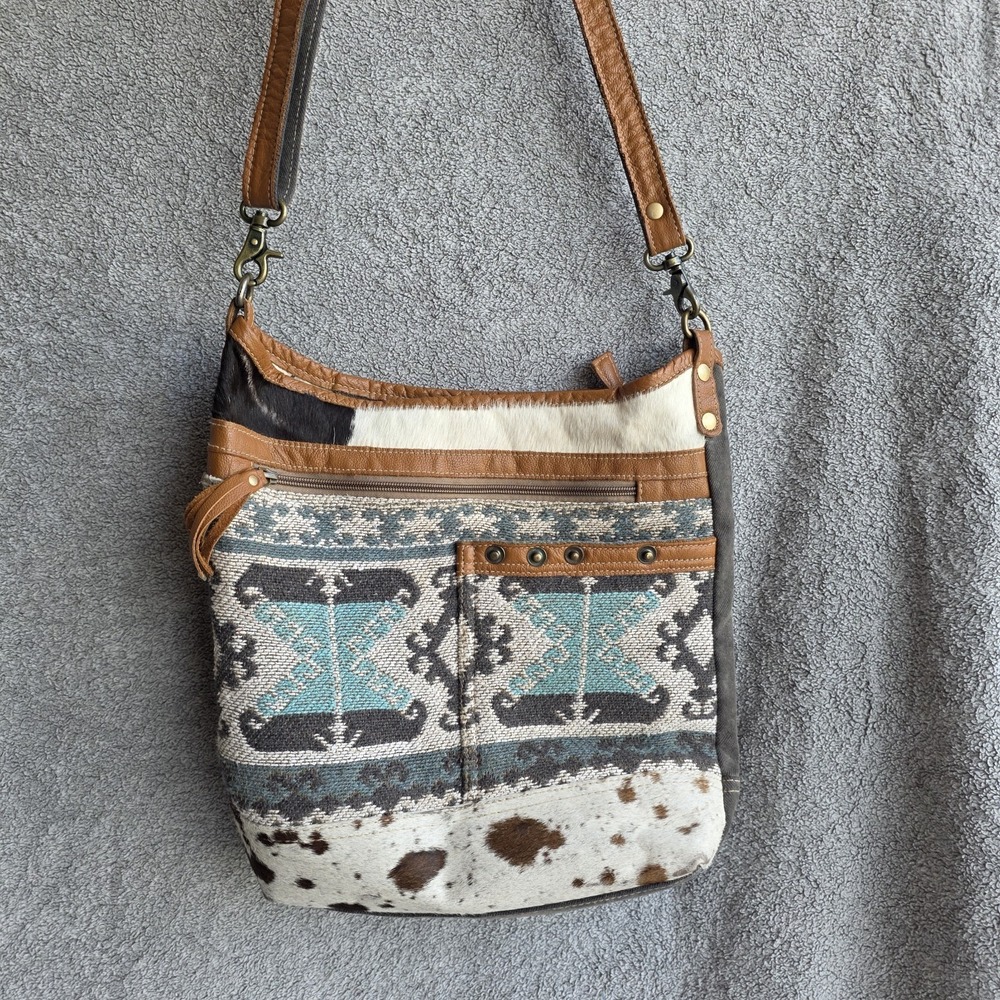 Myra Canvas & Cowhide Leather Crossbody Bag Purse
